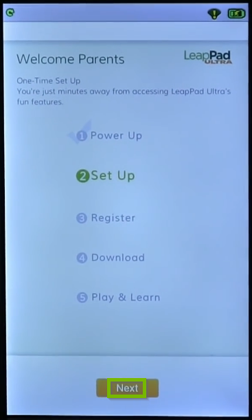 Welcome Parents screen with Next button selected.