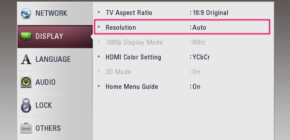 settings menu with display catigory selected and resolution menu item highlighted