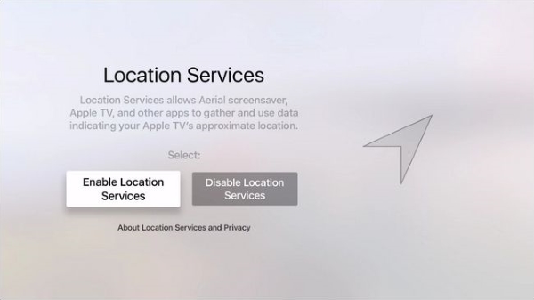 Location Services toggle during Apple TV setup.
