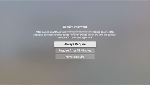 Password entry settings for purchases made on Apple TV.
