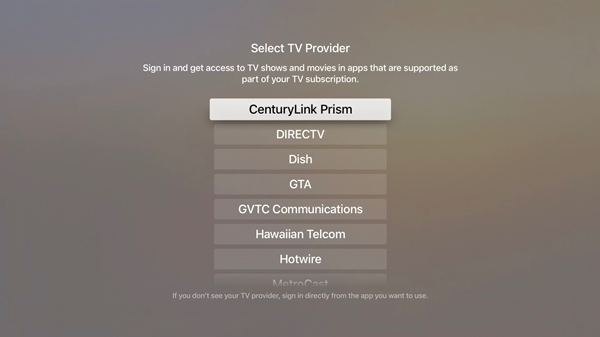 TV Provider selection during Apple TV setup.