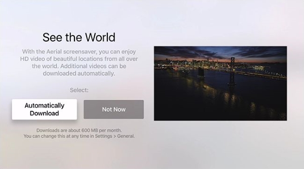 Screensaver automatic download toggle during Apple TV setup.