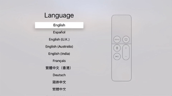 Language selection during Apple TV setup.