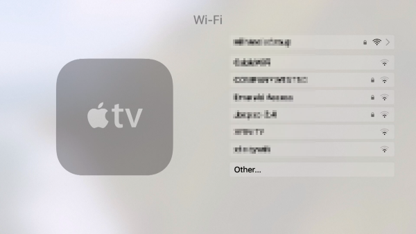 Wi-Fi network selection during Apple TV setup.