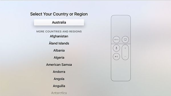 Location selection during Apple TV setup.