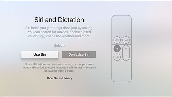 Voice input usage prompt during Apple TV setup.