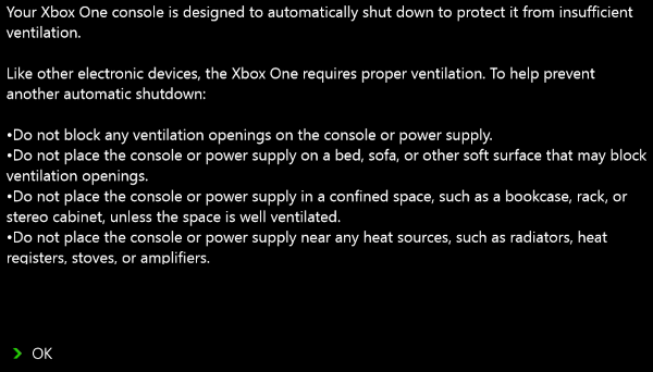 Xbox One improper ventilation message.