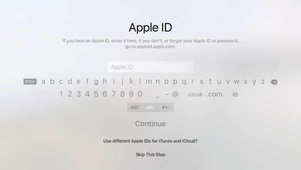 Apple ID sign in prompt during Apple TV setup.