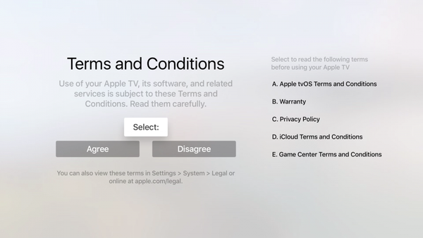 Terms and Conditions agreement prompt during Apple TV setup.