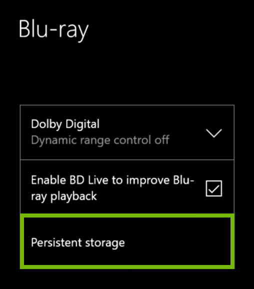 Persistent Storage option highlighted in Xbox One settings.