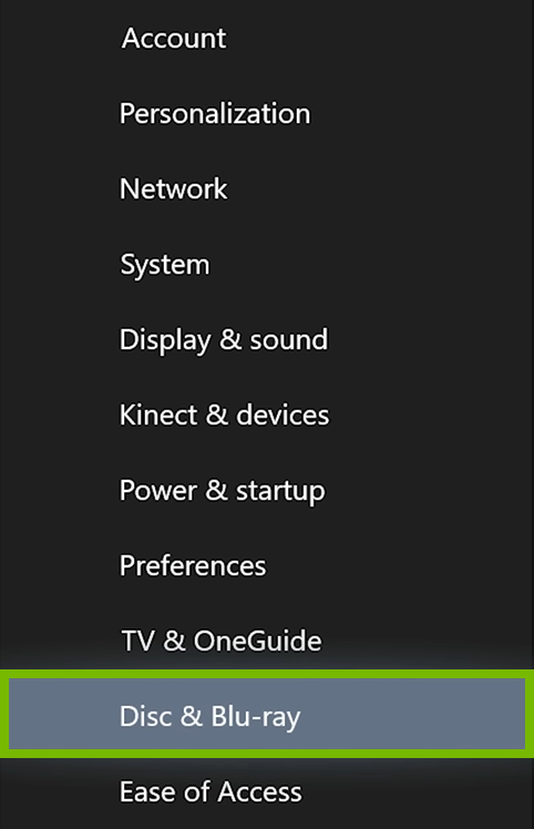 Disc & Blu-ray option highlighted in Xbox One settings.