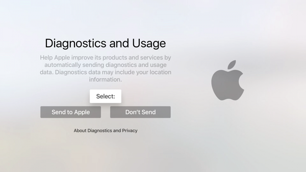 Analytics sharing toggle during Apple TV setup.