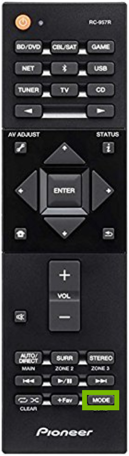Remote control with the Mode button highlighted