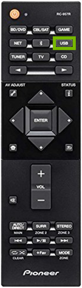 Remote control with USB button highlighted