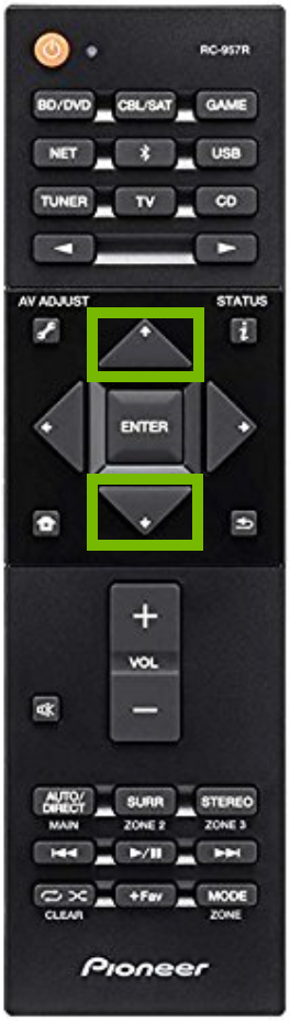 Remote control with the up and down arrows highlighted
