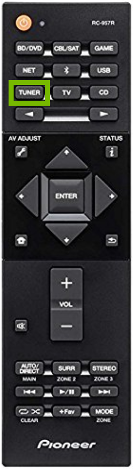 Remote control with the Tuner button highlighted