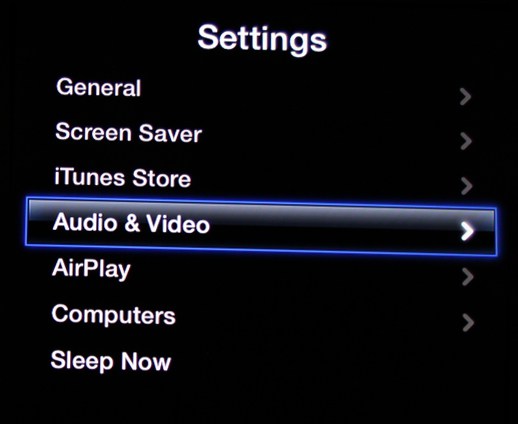 Apple TV Settings menu, highlighting the Audio and Video option.