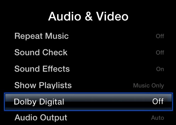 Apple TV Audio and Video menu, highlighting the Dolby Digital option.