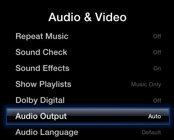 Apple TV Audio and Video menu, highlighting the Audio Output option.