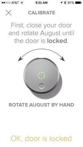 August home app lock setup screen prompting the user to calibrate the new lock.