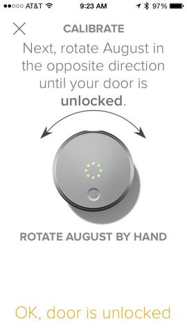 August home app lock setup screen prompting the user to calibrate the new lock.