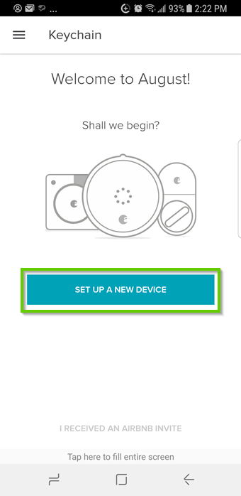 August home app highlighting the set up a new device button.