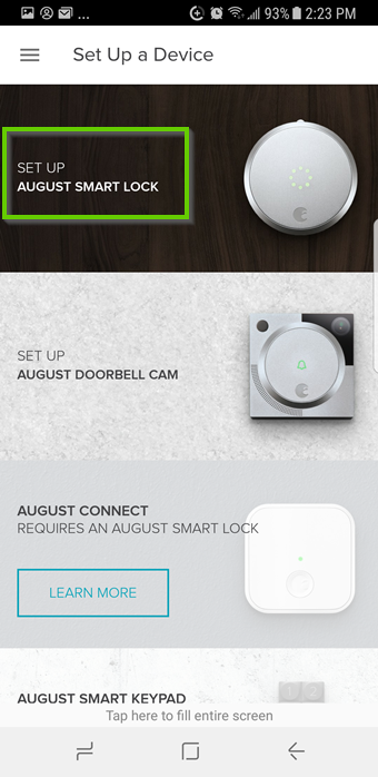 August home app set up a device menu highlighting the august smart lock option.