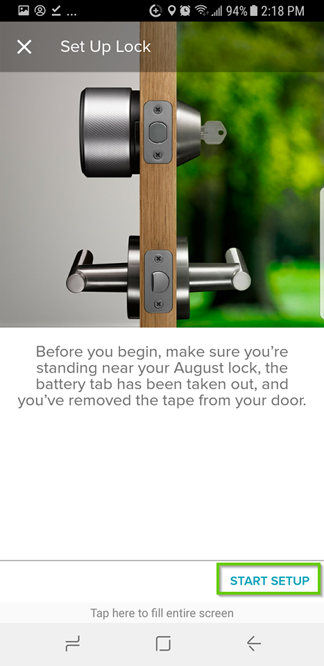 August home app set up lock screen highlighting the start setup button.