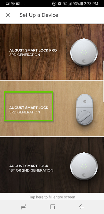 August home app set up a device menu prompting the user to select a model of august smart lock.