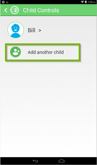 Child Controls menu with Add another child selected.