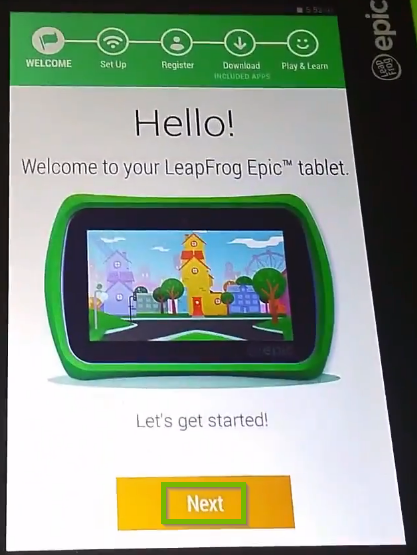 LeapFrog Epic welcome screen with Next button highlighted below.