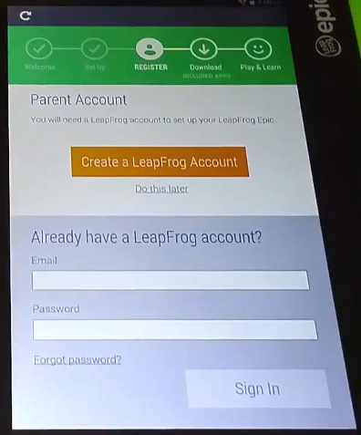 LeapFrog account creation page. Create a Leapfrog Account button above, while users with existing accounts can sign in below.