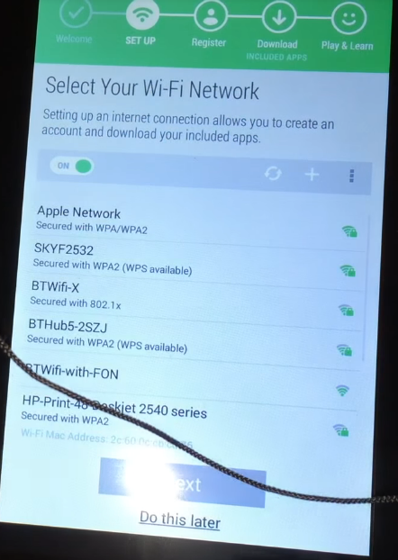 LeapFrog Epic with available wireless networks listed.