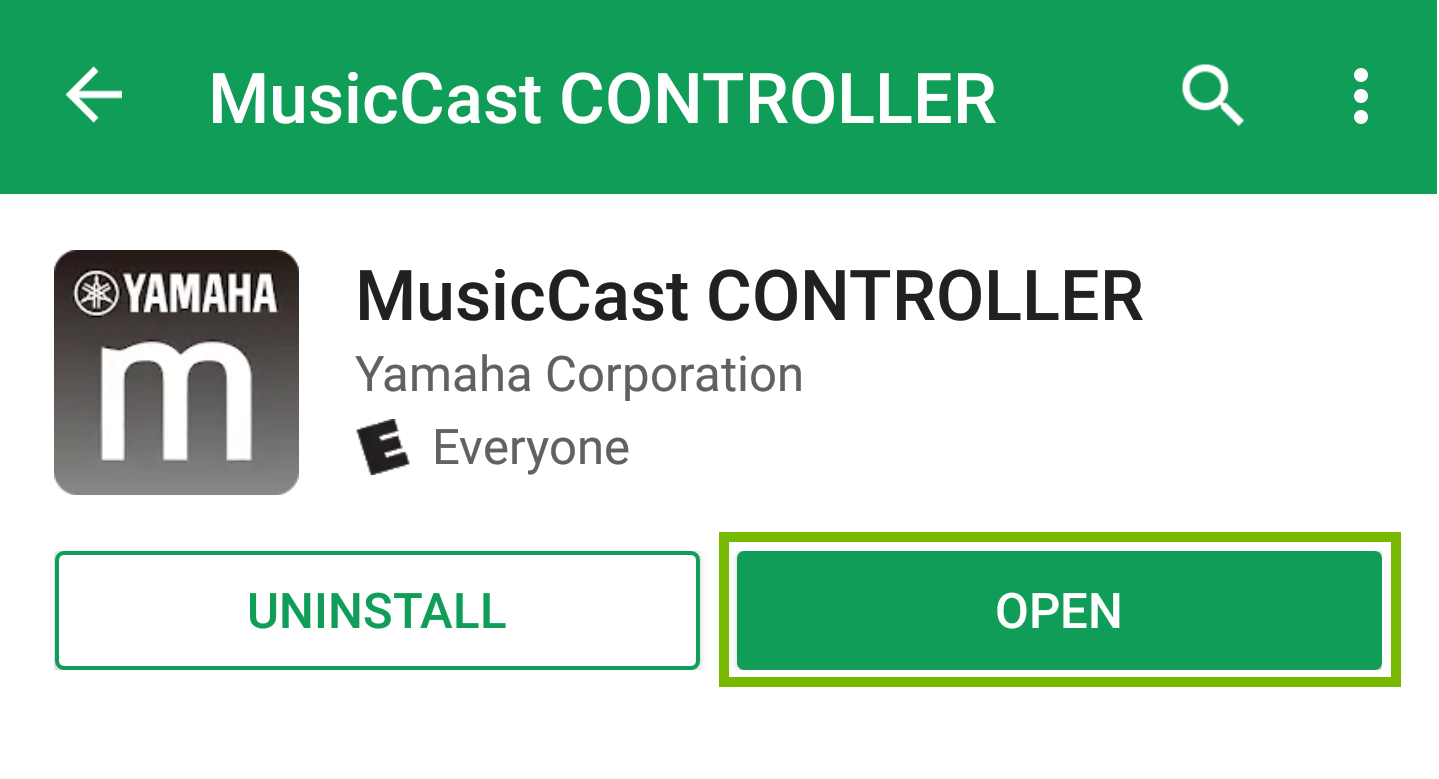 MusicCast App Page with open button highlighted.