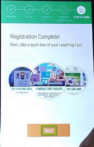 Registration complete page with Next button highlighted below.