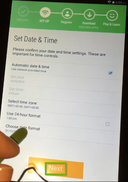 Date and Time selection screen on the LeapFrog Epic. Next button highlighted below.