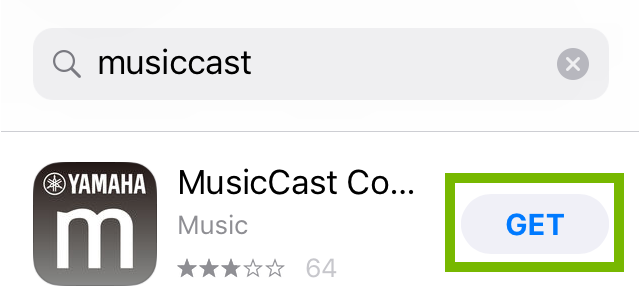 MusicCast Controller app page with the GET button highlighted.