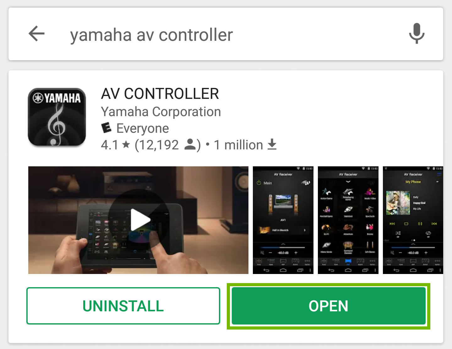 AV Controller app with the Open button highlighted.