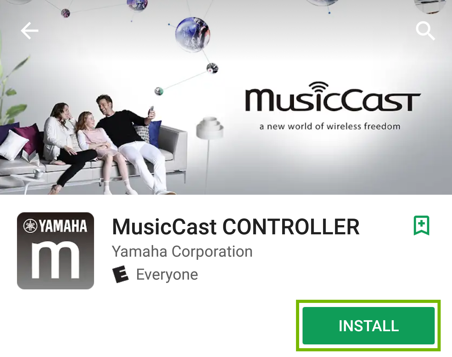 MusicCast App Page with install button highlighted.