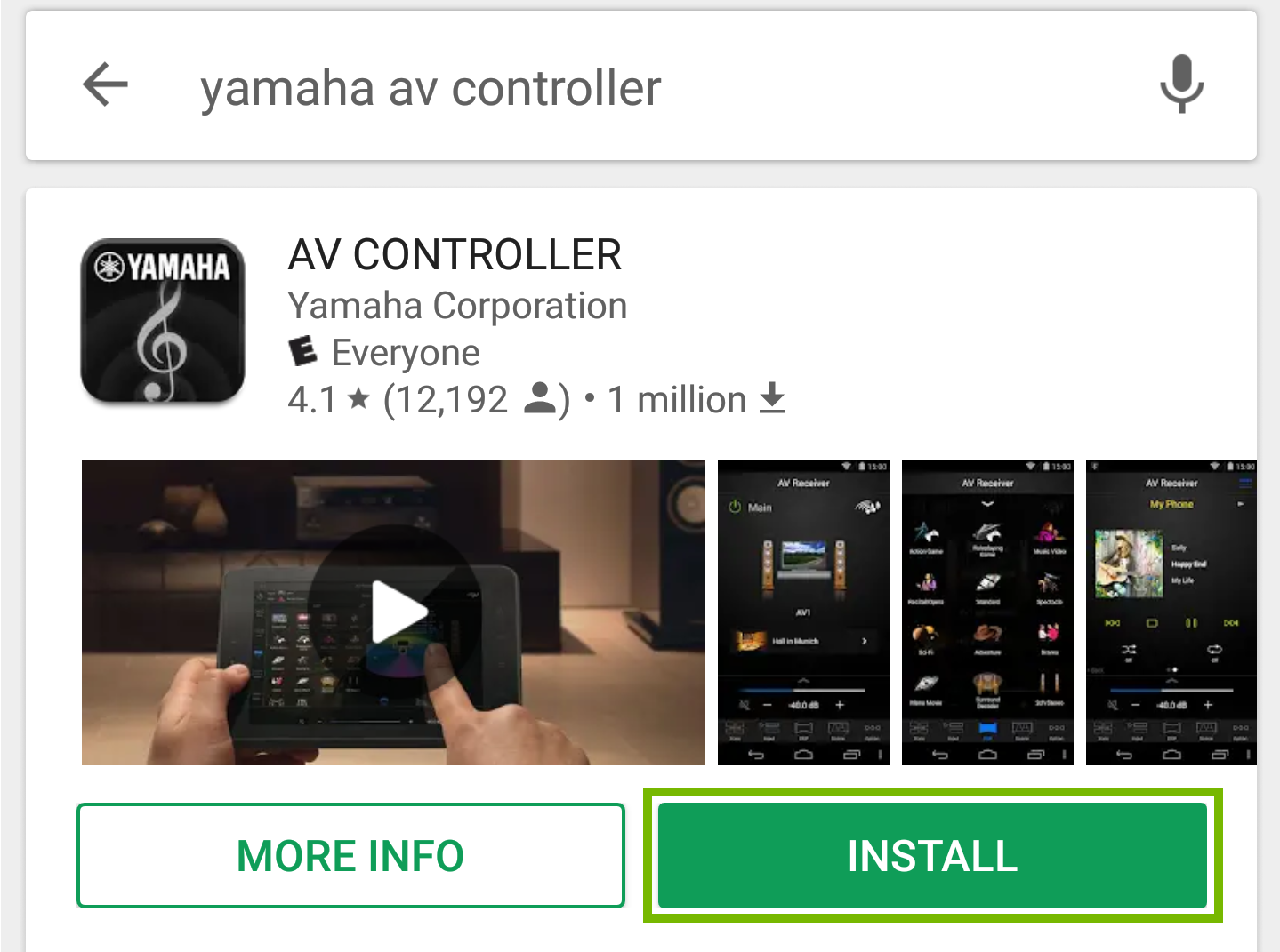 AV Controller app with the Install button highlighted.