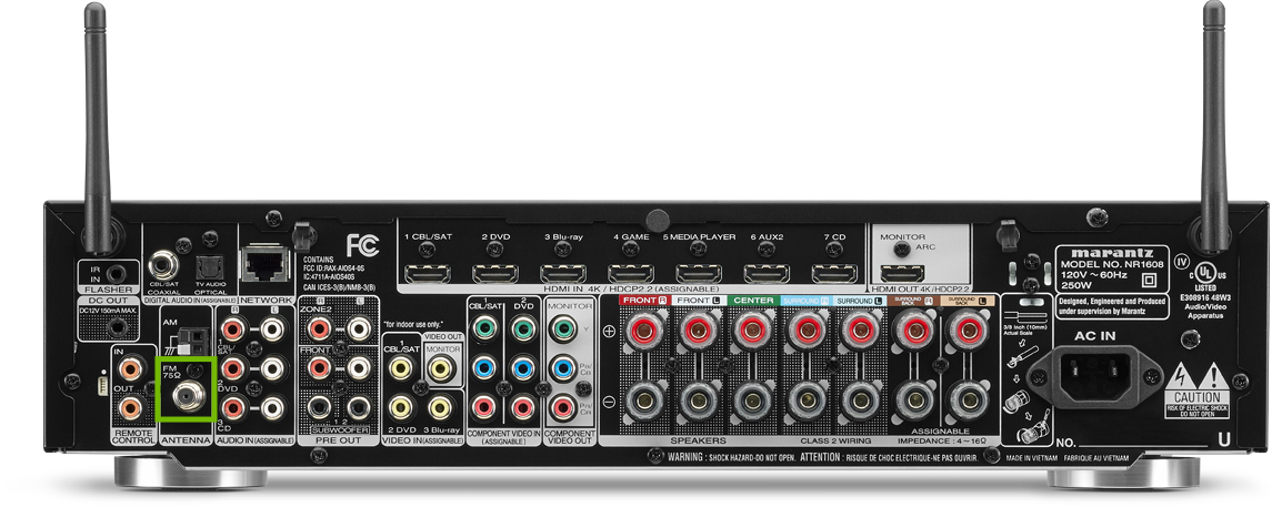 Back of receiver with coax FM antenna highlighted