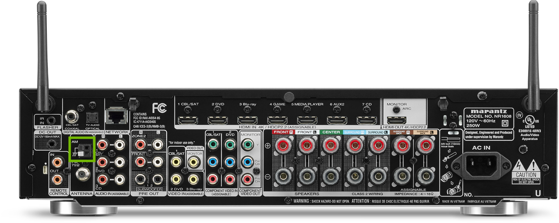 Back of receiver with AM antenna highlighted