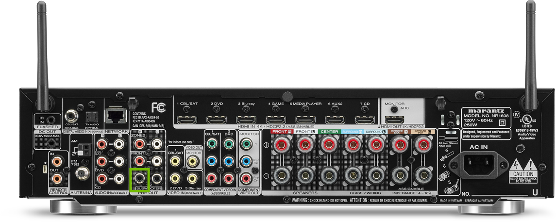 Back of receiver with subwoofer output highlighted