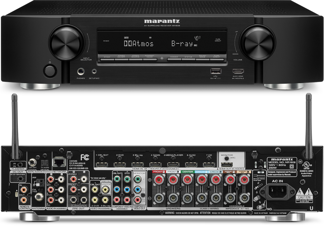 Back and front of the Marantz NR1608 tuner