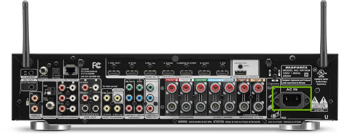 Back of receiver with power highlighted