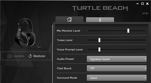 App showing headset controls