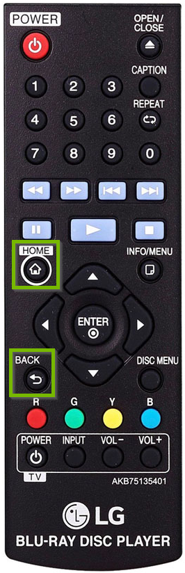 LG remote control with home and back buttons highlighted.