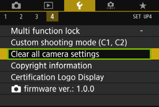menu with clear all camera settings highlighted