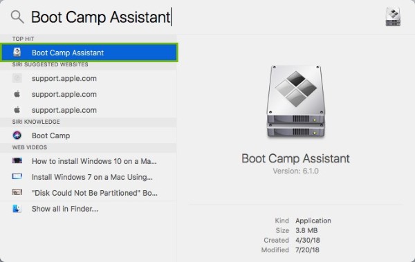 Boot Camp Assistant highlighted in search results