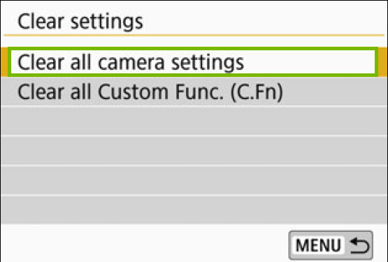 menu with clear all camera settings